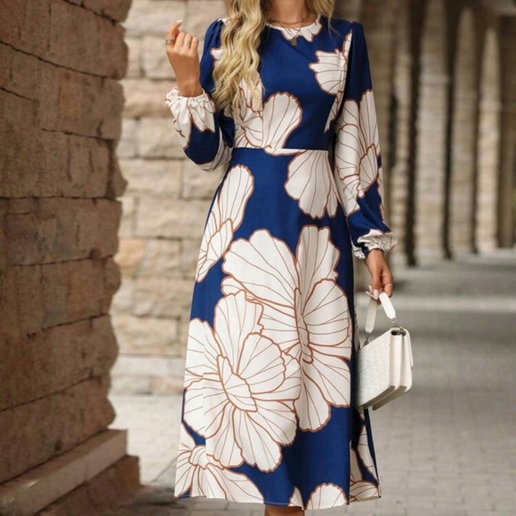 Elegant Women Navy & Gold Floral Print Long Sleeve Flared Sleeve Waist Fit Dress - Picture 1 of 5